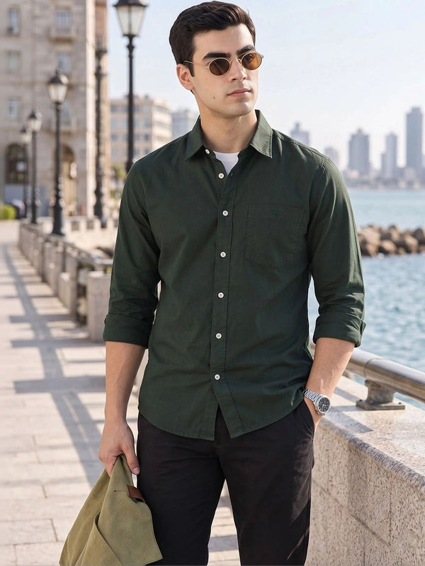 Bottle Green Premium Slim Fit Long Sleeves Spread Collar Solid Cotton Oxford Casual Shirt For Men