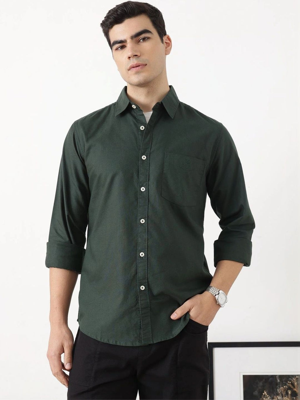 Bottle Green Premium Slim Fit Long Sleeves Spread Collar Solid Cotton Oxford Casual Shirt For Men