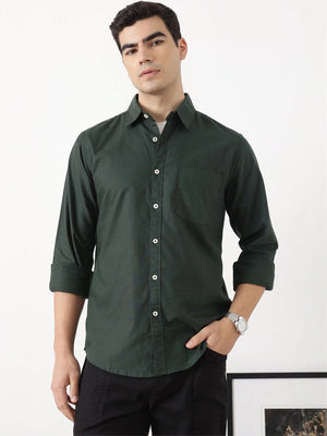 Bottle Green Premium Slim Fit Long Sleeves Spread Collar Solid Cotton Oxford Casual Shirt For Men