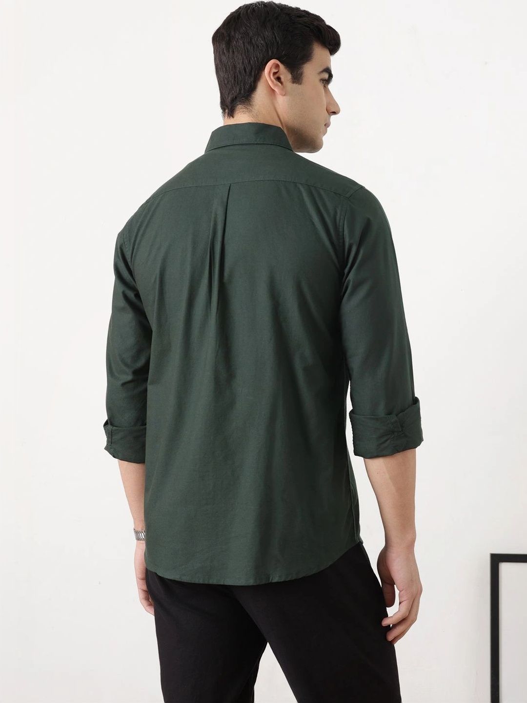 Bottle Green Premium Slim Fit Long Sleeves Spread Collar Solid Cotton Oxford Casual Shirt For Men