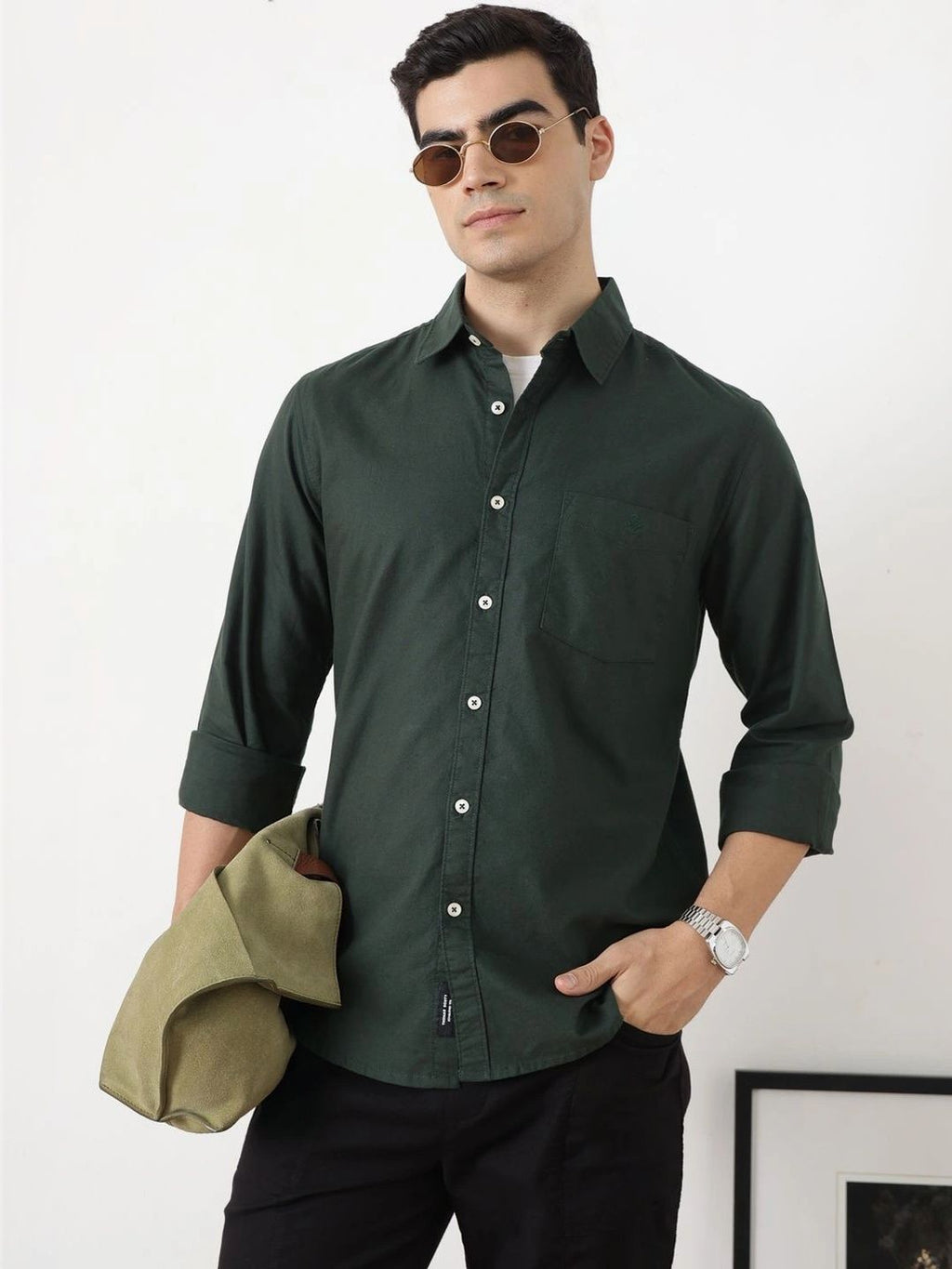 Bottle Green Premium Slim Fit Long Sleeves Spread Collar Solid Cotton Oxford Casual Shirt For Men