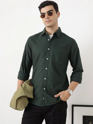 Bottle Green Premium Slim Fit Long Sleeves Spread Collar Solid Cotton Oxford Casual Shirt For Men