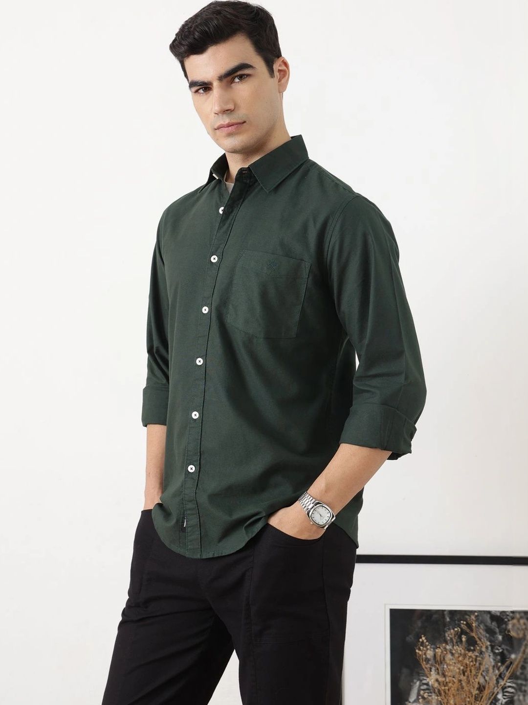 Bottle Green Premium Slim Fit Long Sleeves Spread Collar Solid Cotton Oxford Casual Shirt For Men
