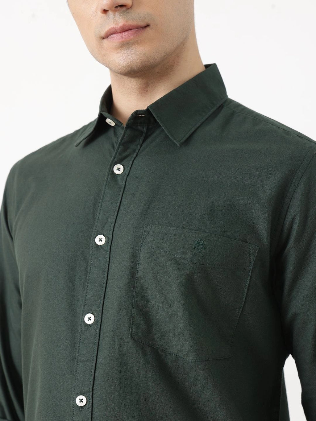 Bottle Green Premium Slim Fit Long Sleeves Spread Collar Solid Cotton Oxford Casual Shirt For Men