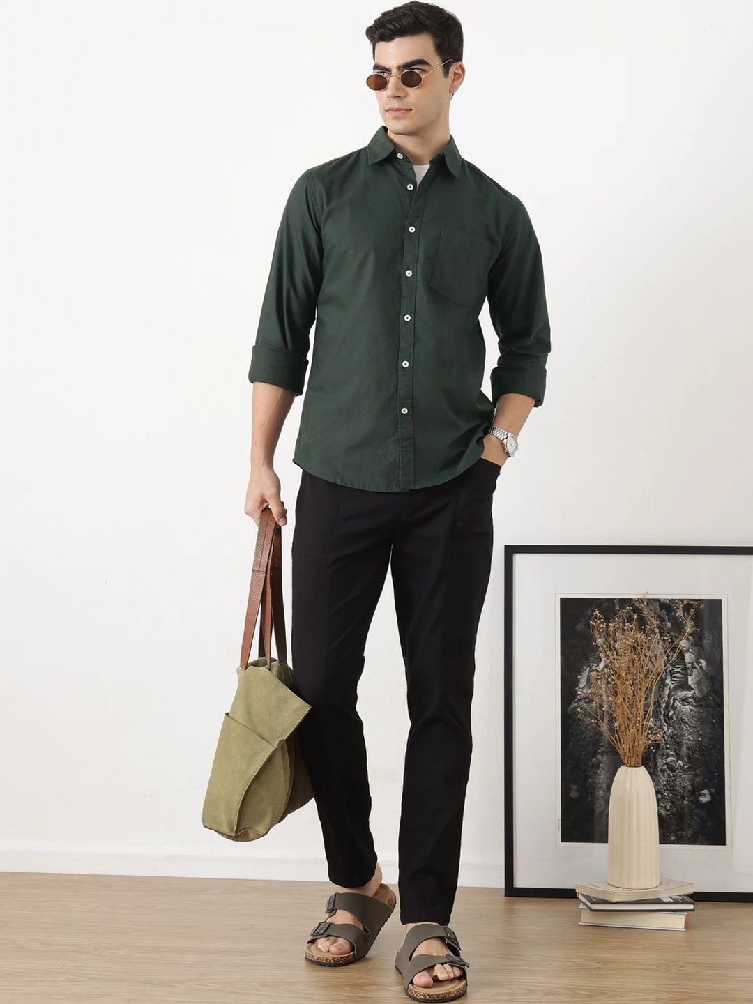 Bottle Green Premium Slim Fit Long Sleeves Spread Collar Solid Cotton Oxford Casual Shirt For Men