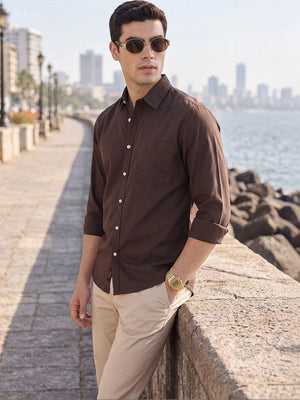 Coffee Premium Slim Fit Long Sleeves Spread Collar Solid Cotton Oxford Casual Shirt For Men