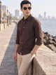Coffee Premium Slim Fit Long Sleeves Spread Collar Solid Cotton Oxford Casual Shirt For Men