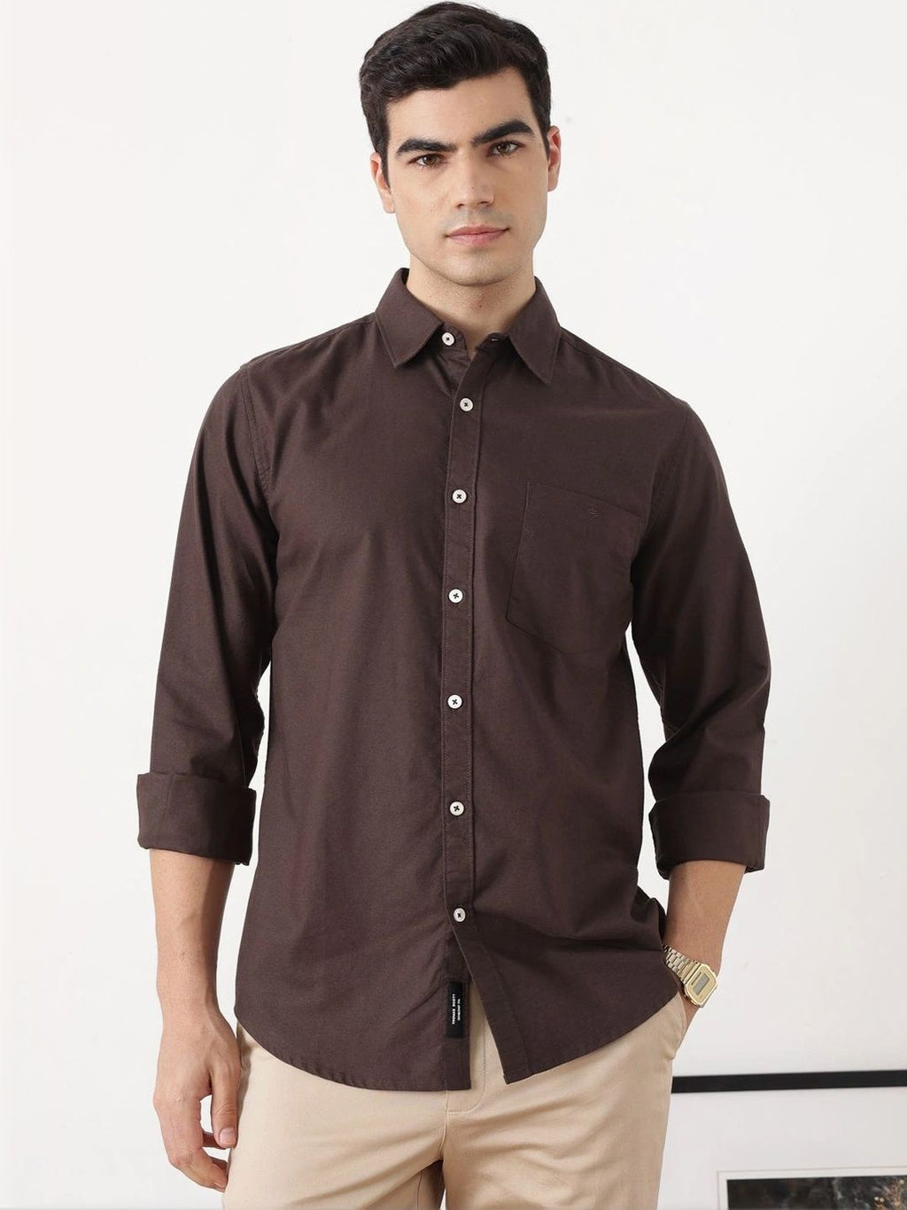 Coffee Premium Slim Fit Long Sleeves Spread Collar Solid Cotton Oxford Casual Shirt For Men