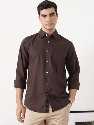 Coffee Premium Slim Fit Long Sleeves Spread Collar Solid Cotton Oxford Casual Shirt For Men