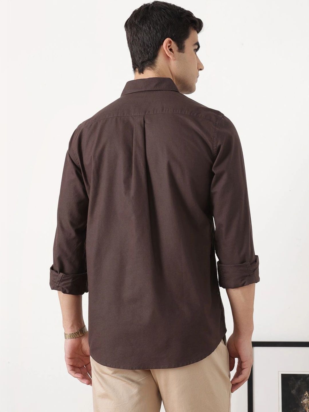 Coffee Premium Slim Fit Long Sleeves Spread Collar Solid Cotton Oxford Casual Shirt For Men