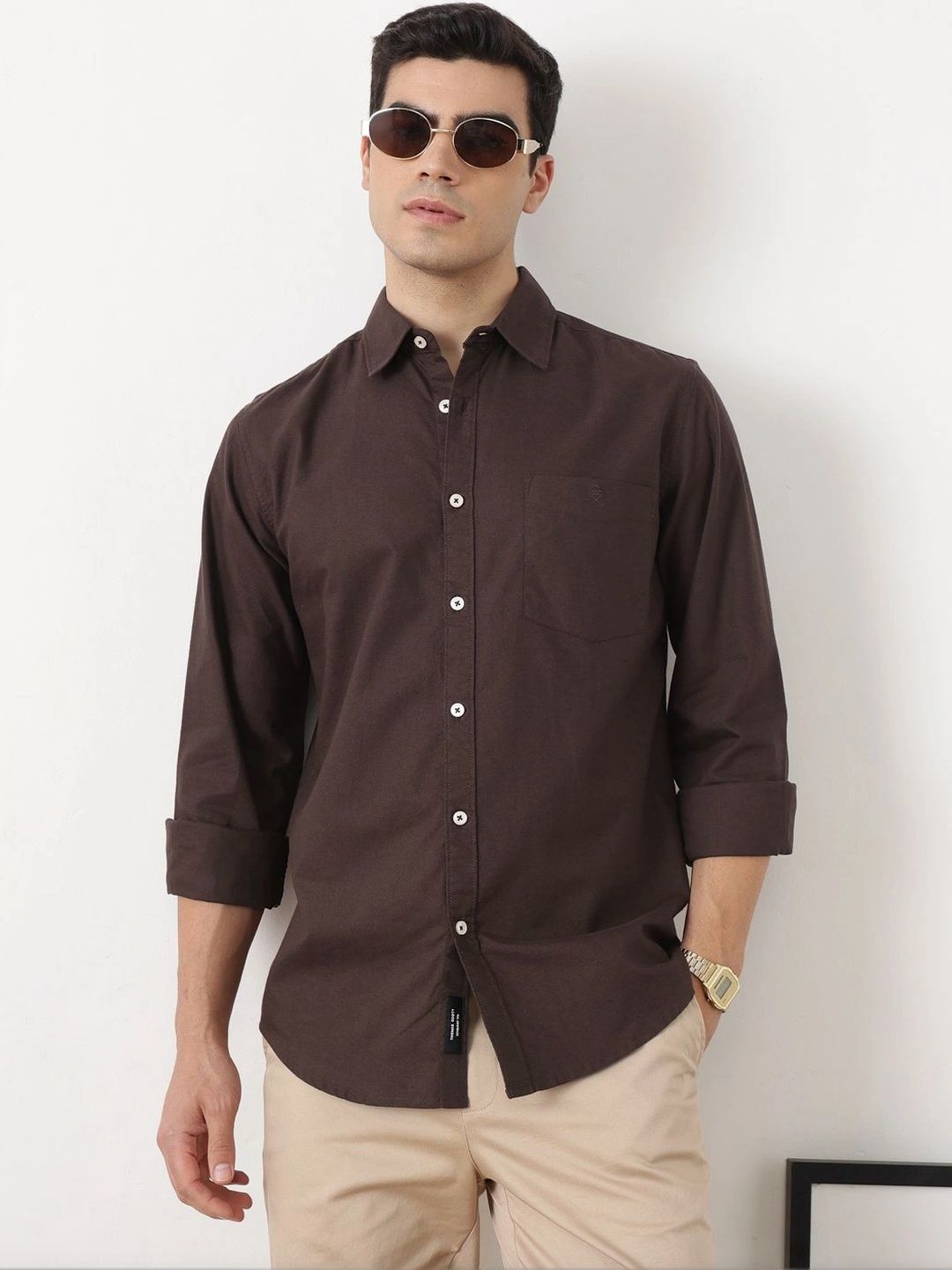 Coffee Premium Slim Fit Long Sleeves Spread Collar Solid Cotton Oxford Casual Shirt For Men