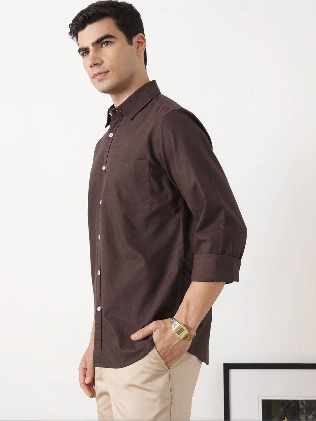 Coffee Premium Slim Fit Long Sleeves Spread Collar Solid Cotton Oxford Casual Shirt For Men