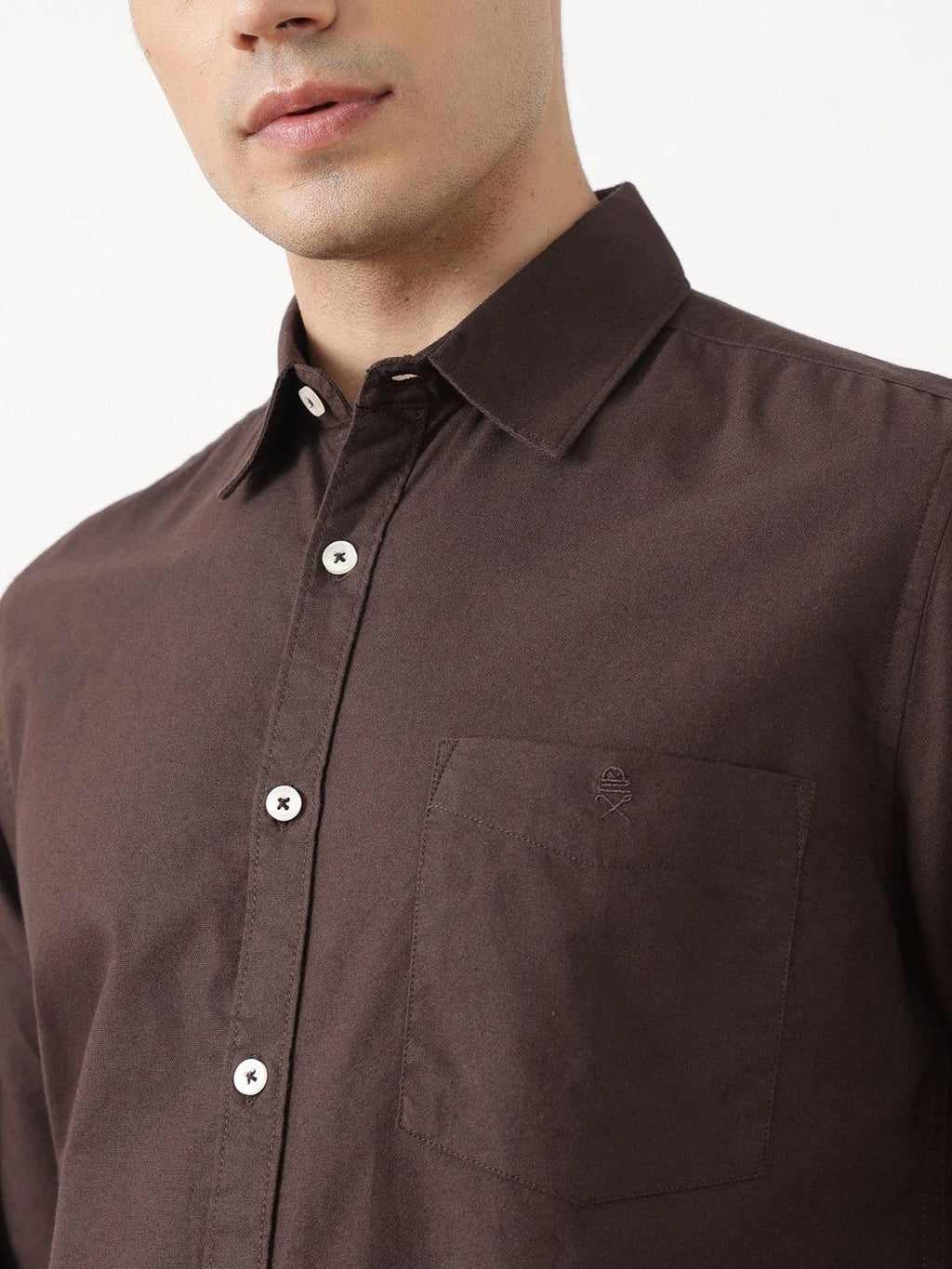 Coffee Premium Slim Fit Long Sleeves Spread Collar Solid Cotton Oxford Casual Shirt For Men