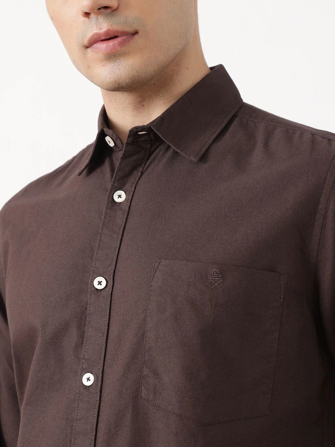 Coffee Premium Slim Fit Long Sleeves Spread Collar Solid Cotton Oxford Casual Shirt For Men