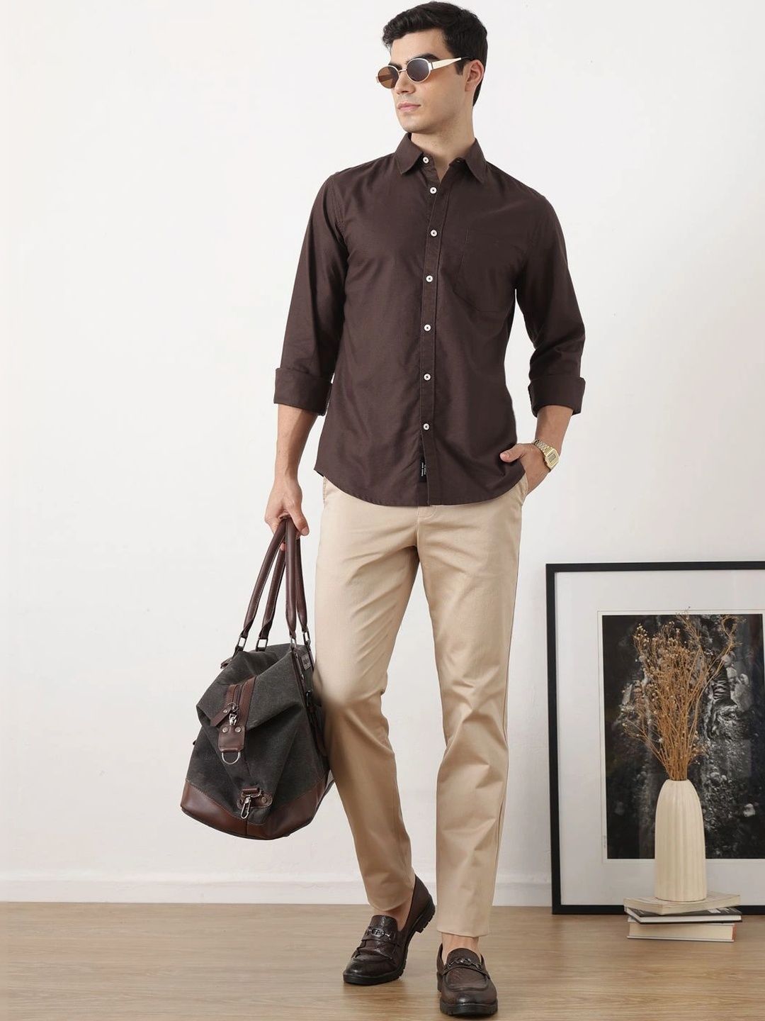 Coffee Premium Slim Fit Long Sleeves Spread Collar Solid Cotton Oxford Casual Shirt For Men