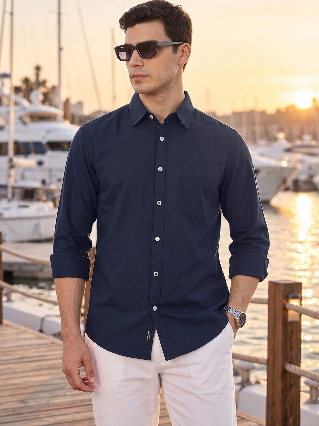 Navy Premium Slim Fit Long Sleeves Spread Collar Solid Cotton Oxford Casual Shirt For Men