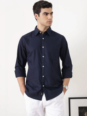 Navy Premium Slim Fit Long Sleeves Spread Collar Solid Cotton Oxford Casual Shirt For Men