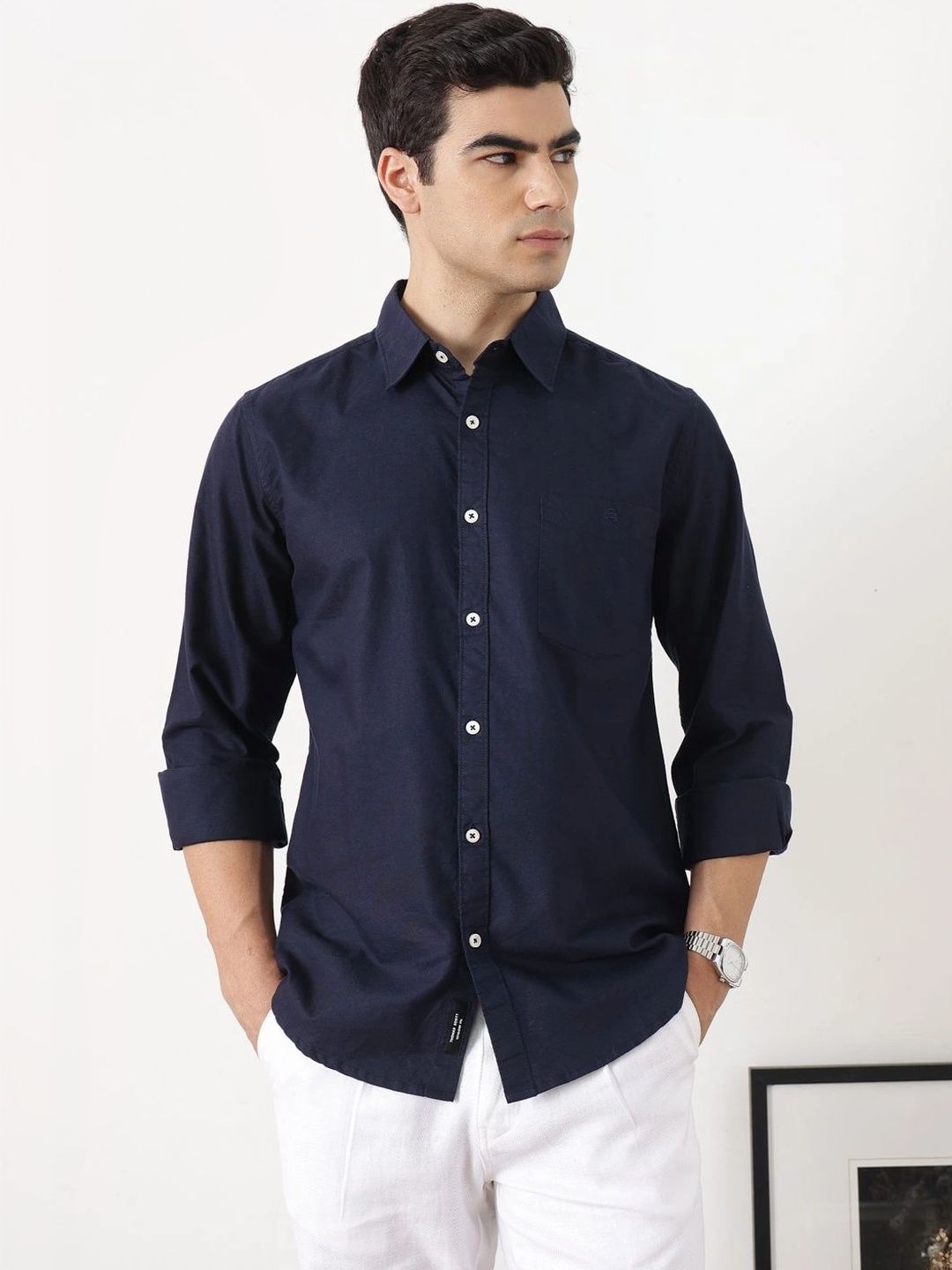 Navy Premium Slim Fit Long Sleeves Spread Collar Solid Cotton Oxford Casual Shirt For Men