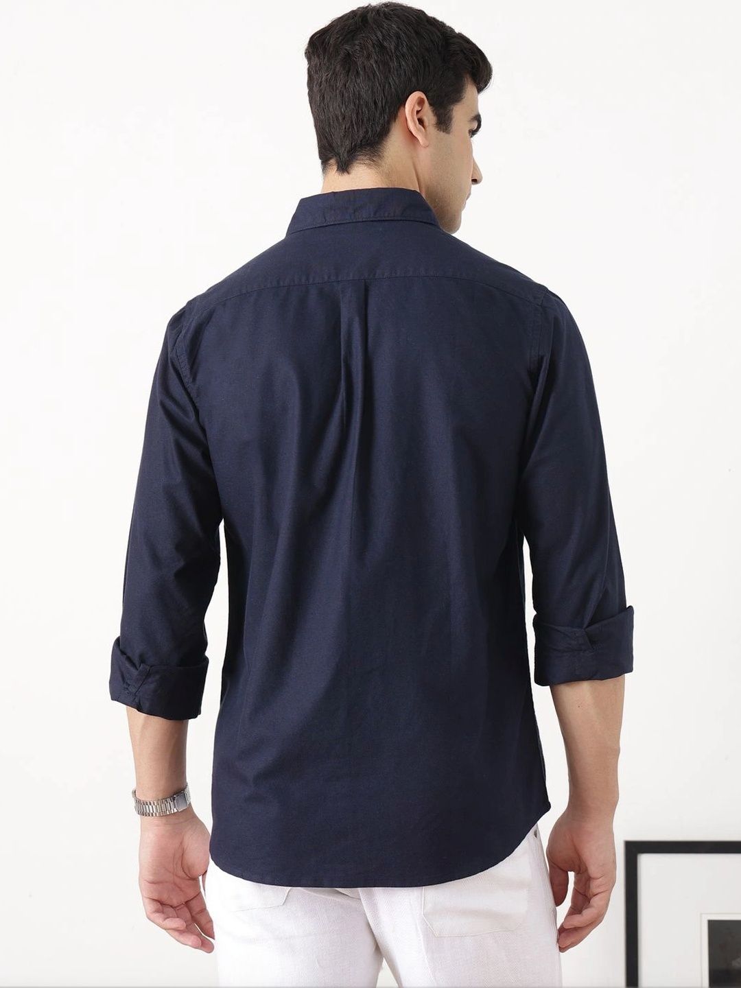 Navy Premium Slim Fit Long Sleeves Spread Collar Solid Cotton Oxford Casual Shirt For Men