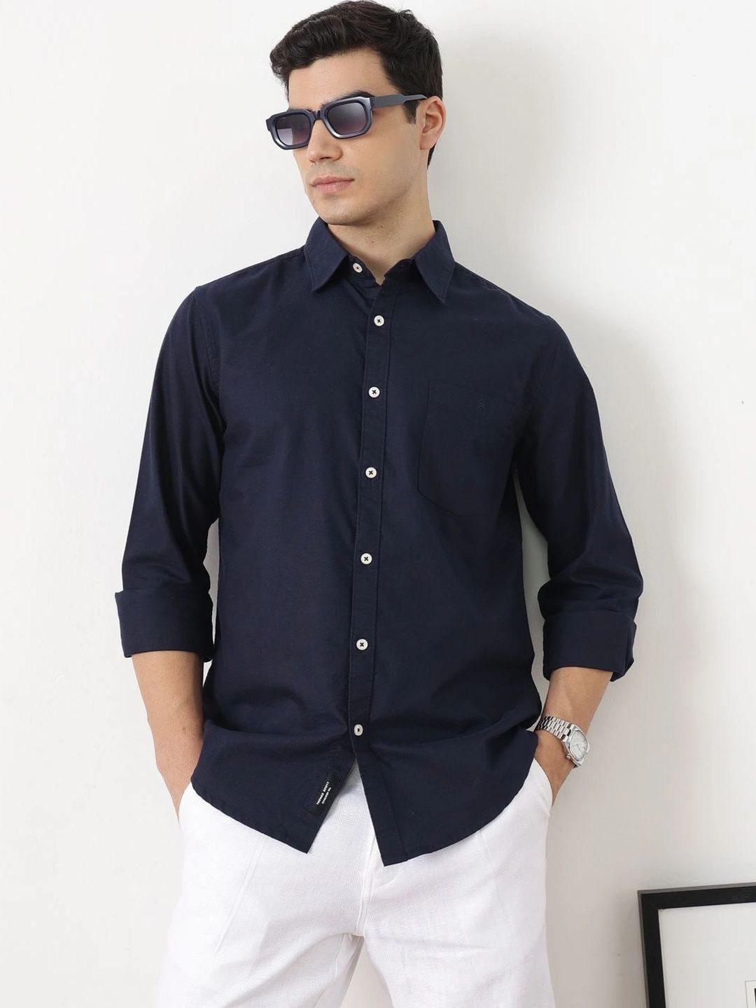Navy Premium Slim Fit Long Sleeves Spread Collar Solid Cotton Oxford Casual Shirt For Men