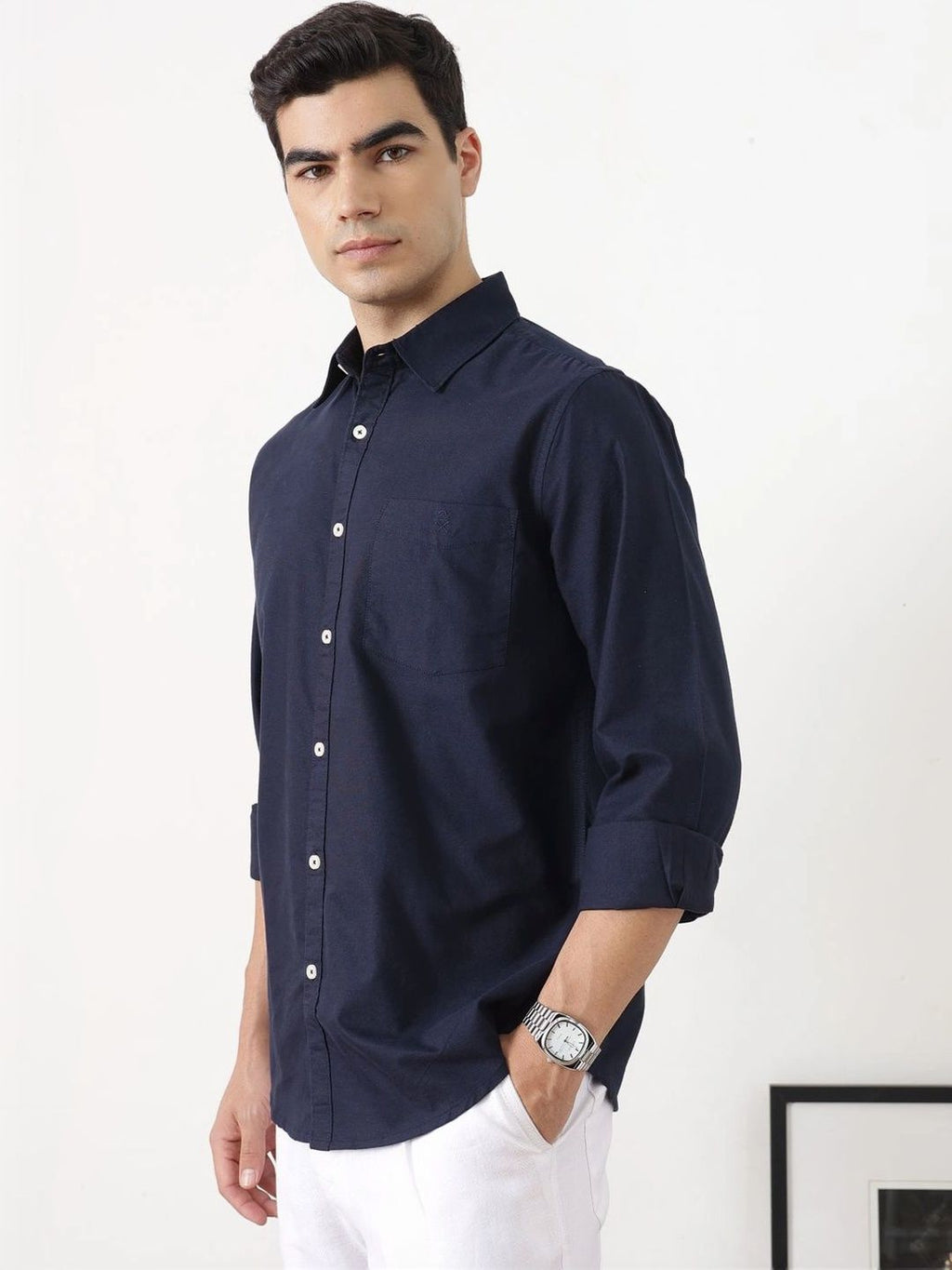 Navy Premium Slim Fit Long Sleeves Spread Collar Solid Cotton Oxford Casual Shirt For Men