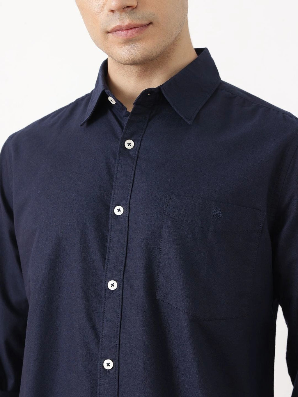 Navy Premium Slim Fit Long Sleeves Spread Collar Solid Cotton Oxford Casual Shirt For Men