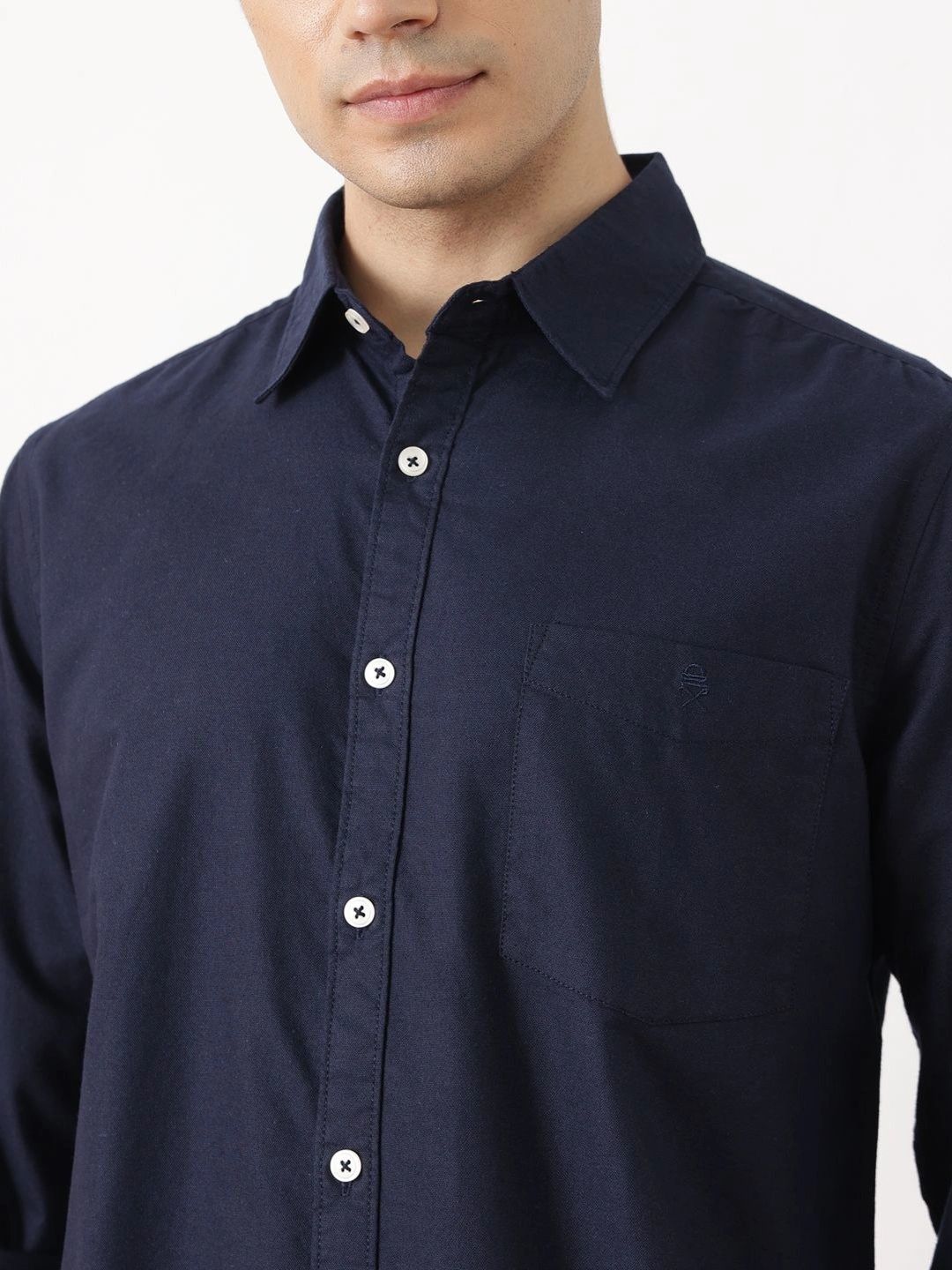 Navy Premium Slim Fit Long Sleeves Spread Collar Solid Cotton Oxford Casual Shirt For Men
