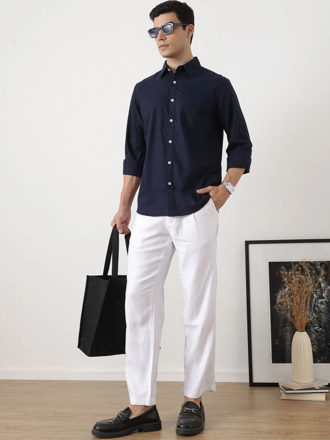 Navy Premium Slim Fit Long Sleeves Spread Collar Solid Cotton Oxford Casual Shirt For Men
