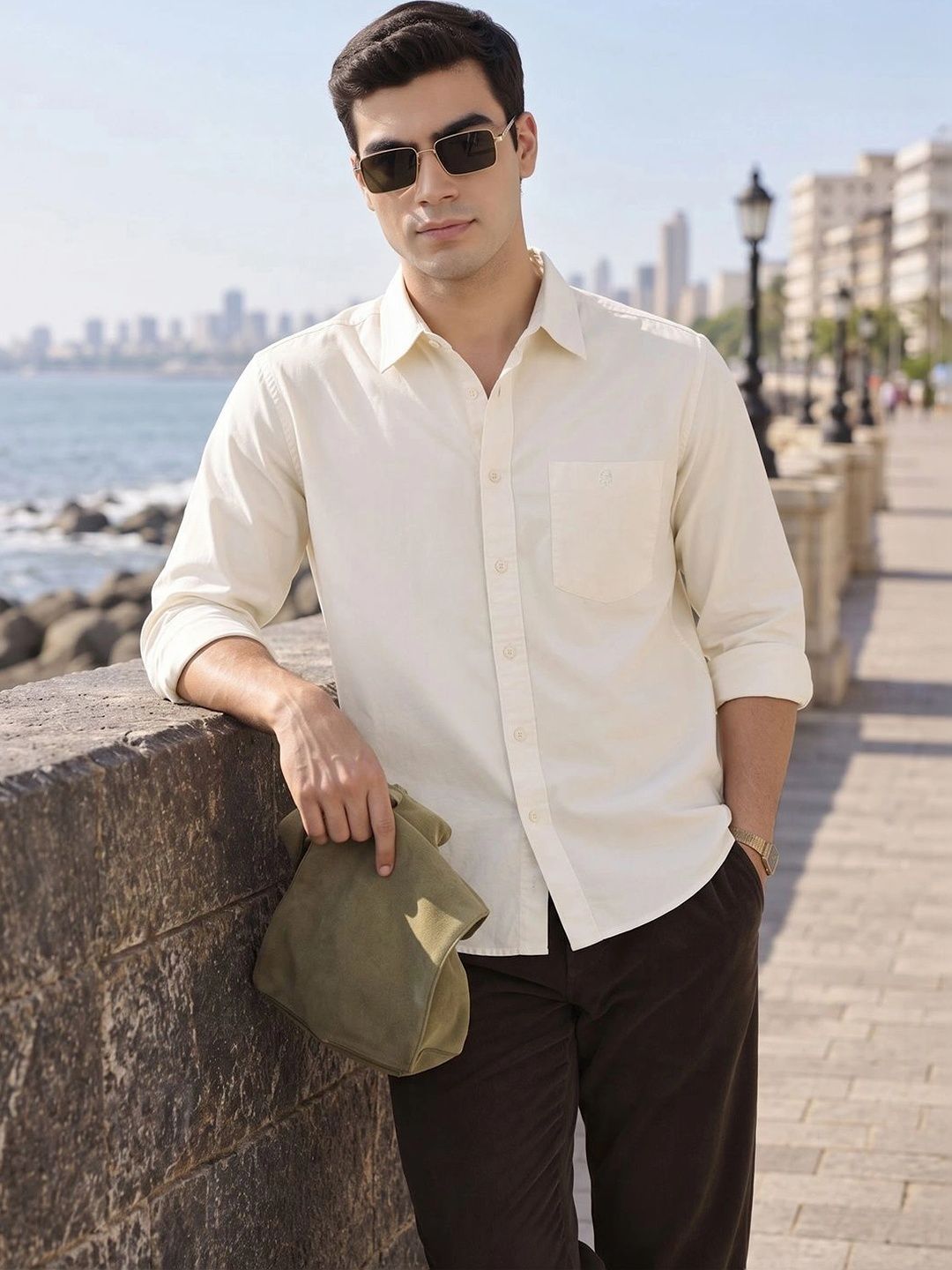 Off White Premium Slim Fit Long Sleeves Spread Collar Solid Cotton Oxford Casual Shirt For Men