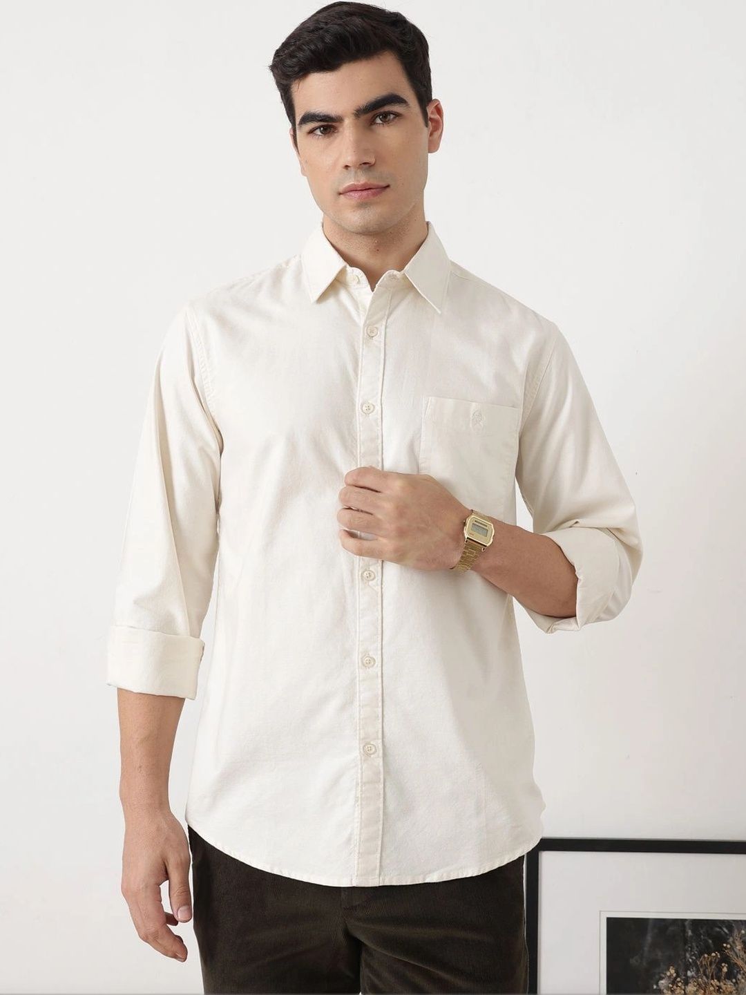 Off White Premium Slim Fit Long Sleeves Spread Collar Solid Cotton Oxford Casual Shirt For Men