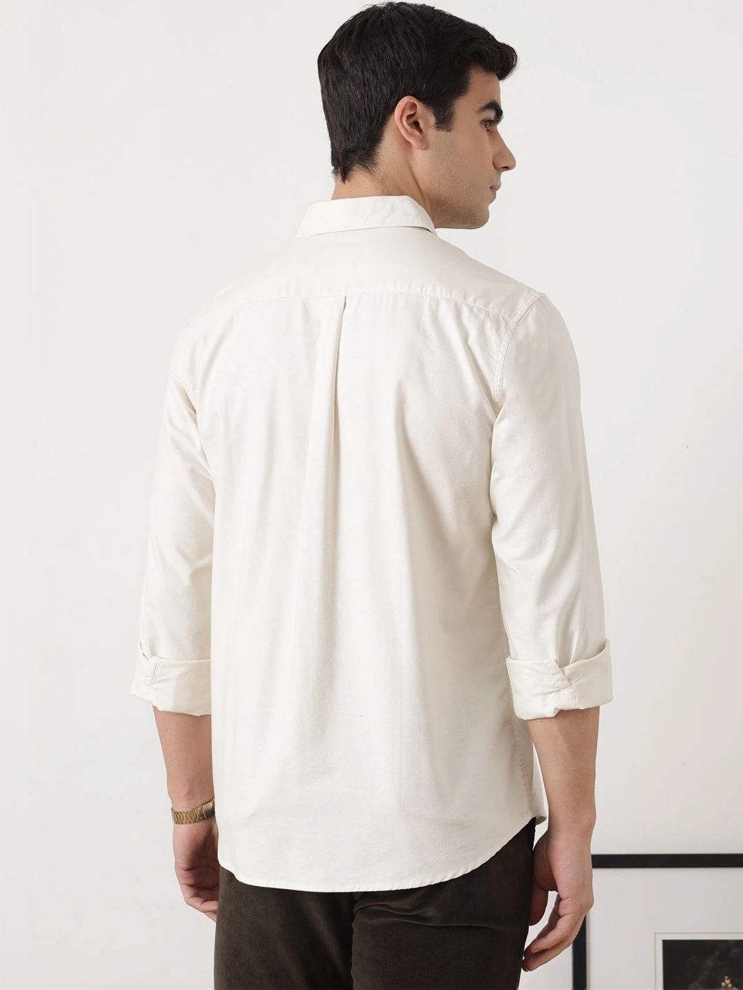 Off White Premium Slim Fit Long Sleeves Spread Collar Solid Cotton Oxford Casual Shirt For Men