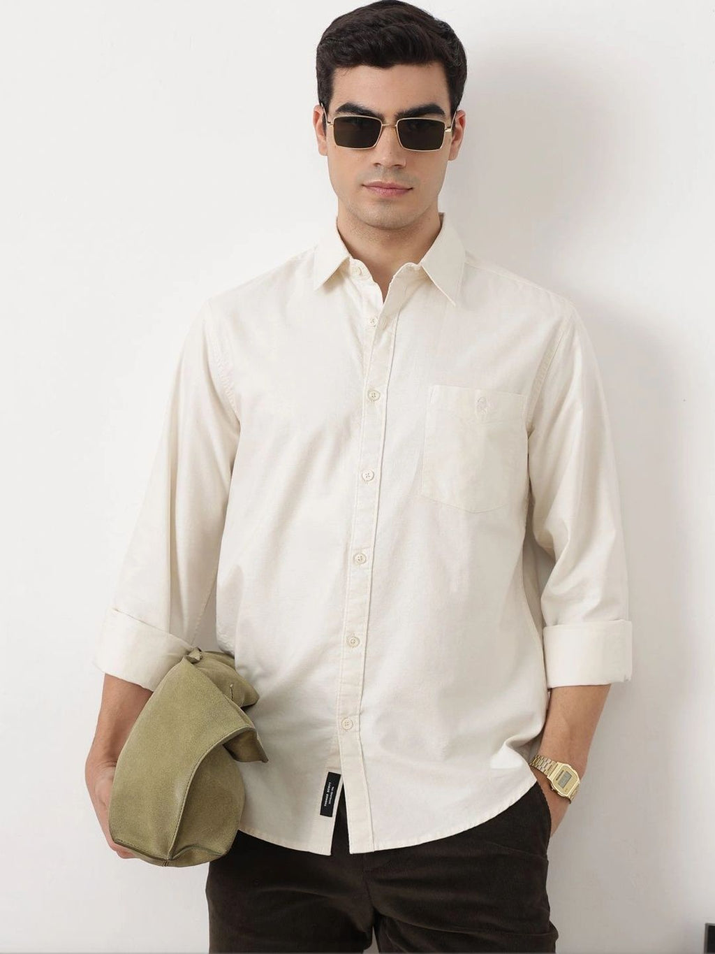 Off White Premium Slim Fit Long Sleeves Spread Collar Solid Cotton Oxford Casual Shirt For Men