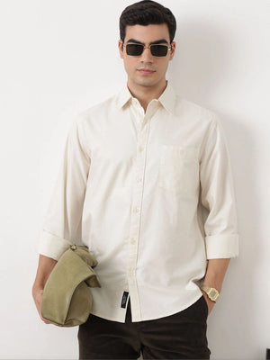 Off White Premium Slim Fit Long Sleeves Spread Collar Solid Cotton Oxford Casual Shirt For Men