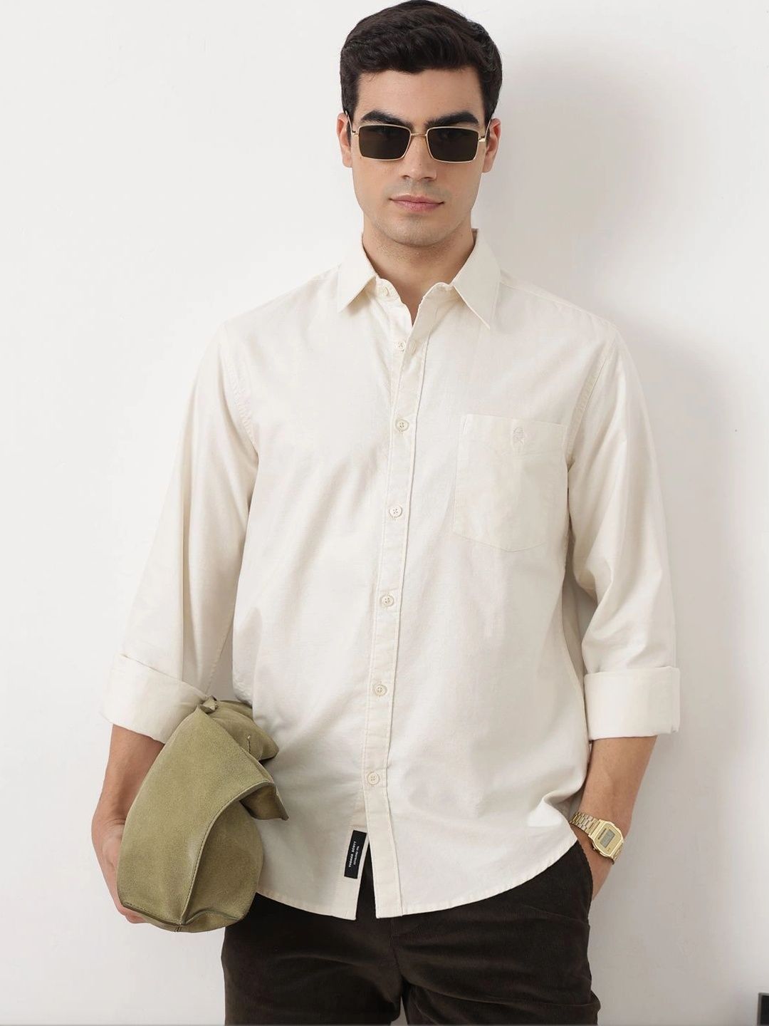 Off White Premium Slim Fit Long Sleeves Spread Collar Solid Cotton Oxford Casual Shirt For Men