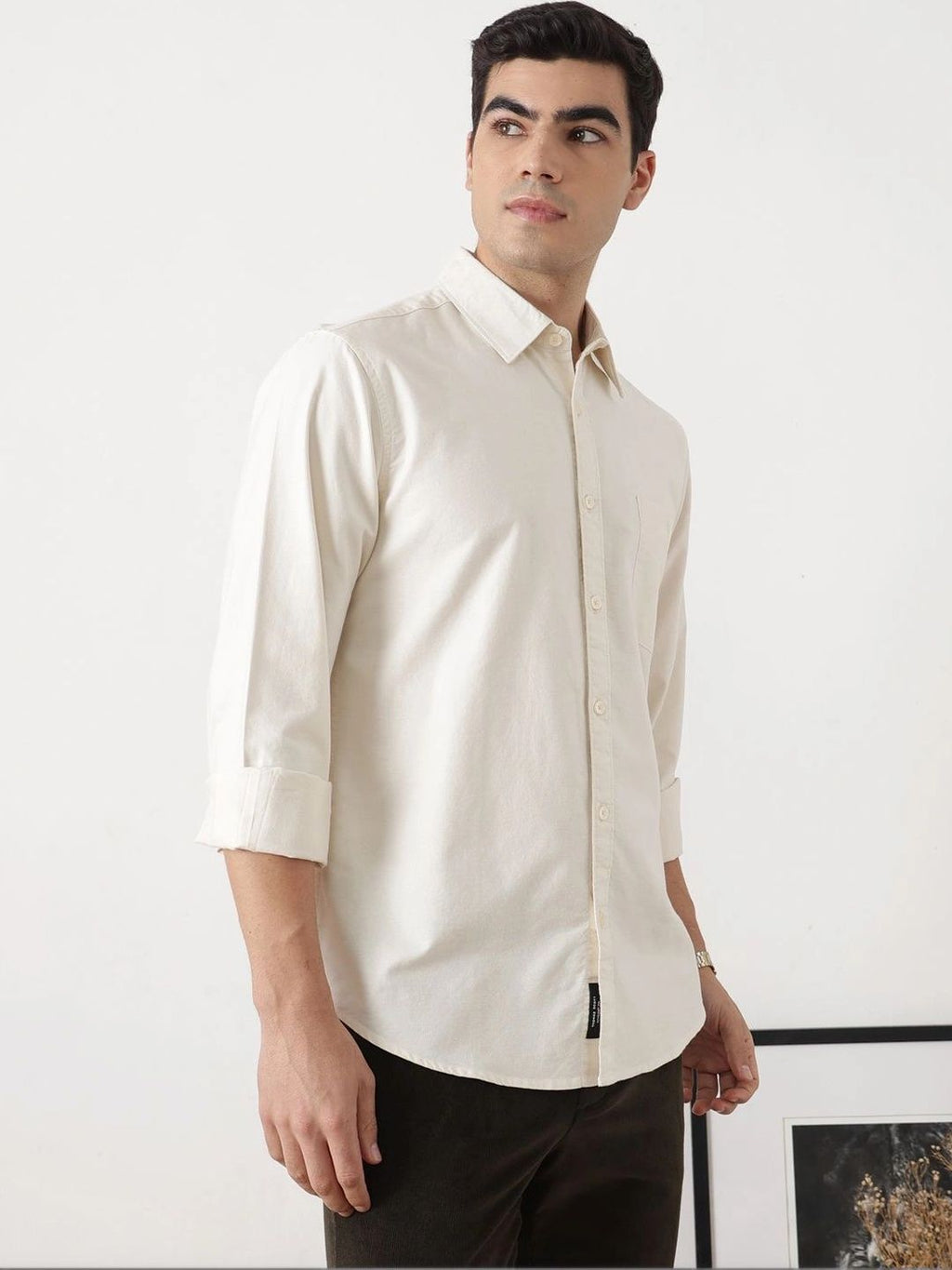 Off White Premium Slim Fit Long Sleeves Spread Collar Solid Cotton Oxford Casual Shirt For Men