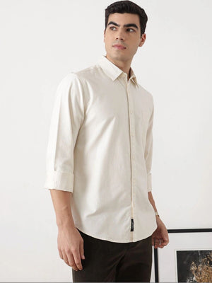 Off White Premium Slim Fit Long Sleeves Spread Collar Solid Cotton Oxford Casual Shirt For Men