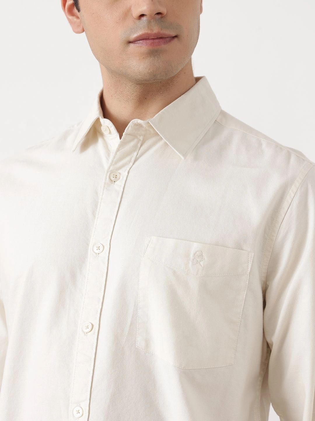 Off White Premium Slim Fit Long Sleeves Spread Collar Solid Cotton Oxford Casual Shirt For Men