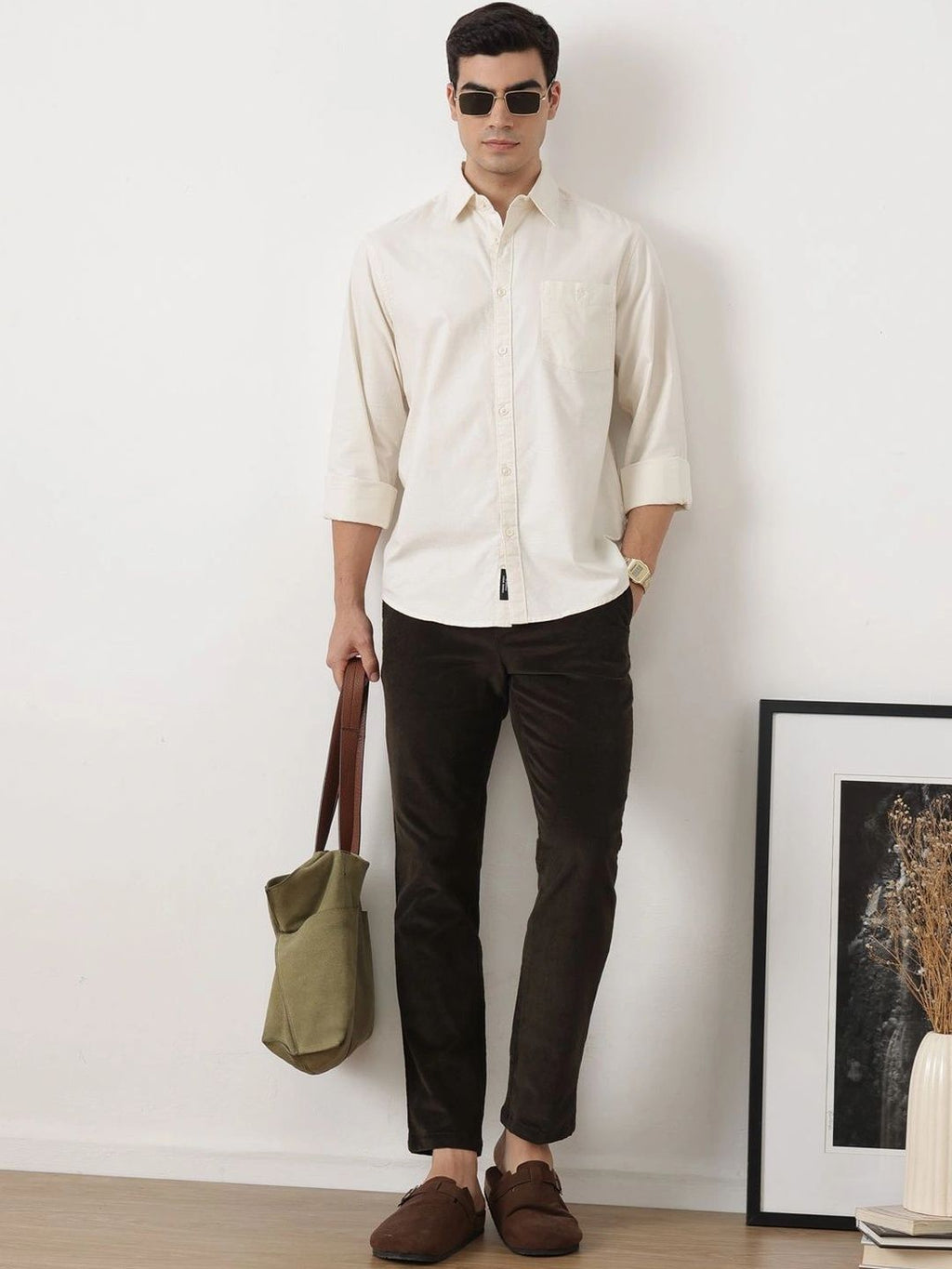 Off White Premium Slim Fit Long Sleeves Spread Collar Solid Cotton Oxford Casual Shirt For Men