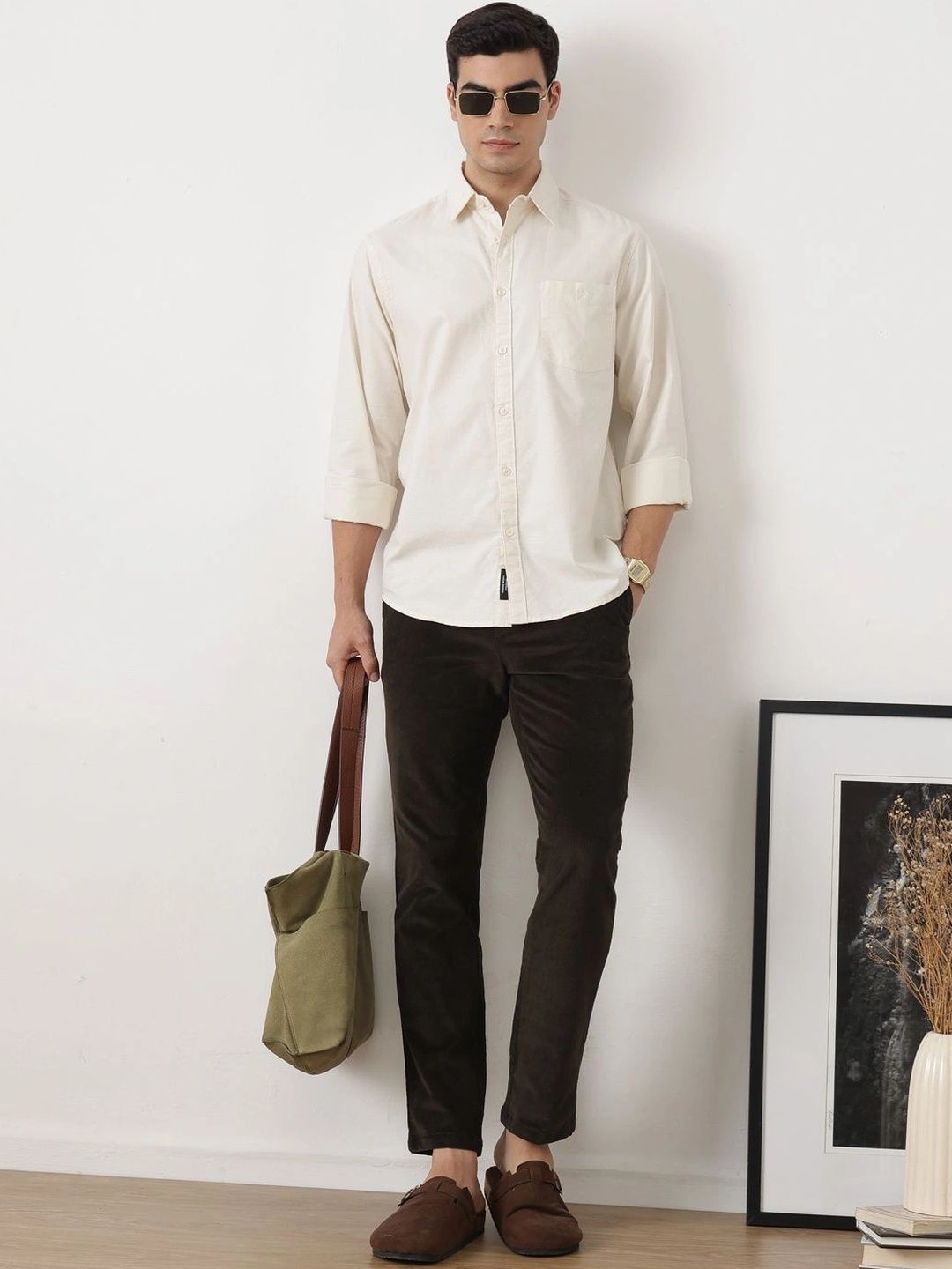 Off White Premium Slim Fit Long Sleeves Spread Collar Solid Cotton Oxford Casual Shirt For Men