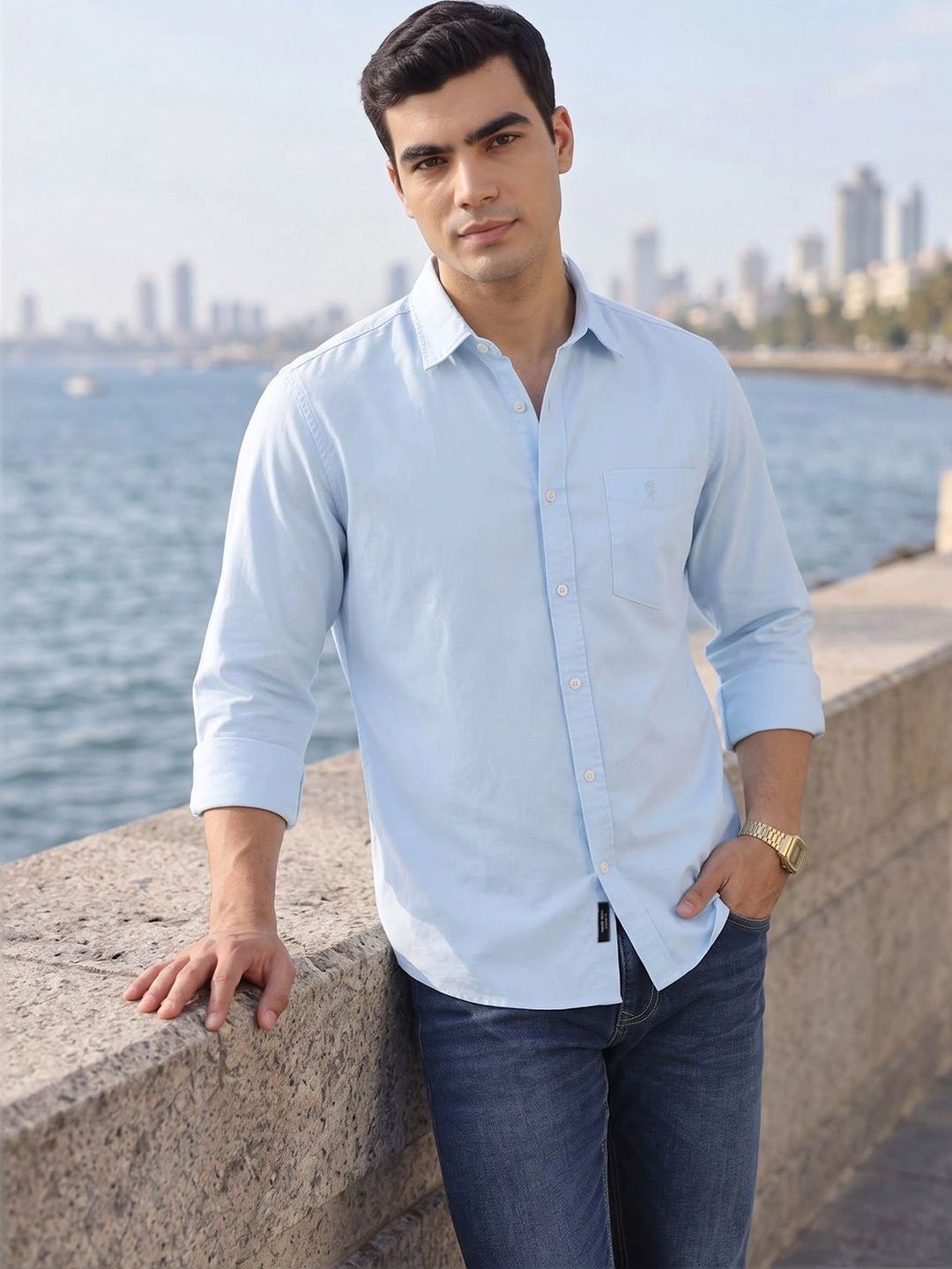 Sky Blue Premium Slim Fit Long Sleeves Spread Collar Solid Cotton Oxford Casual Shirt For Men