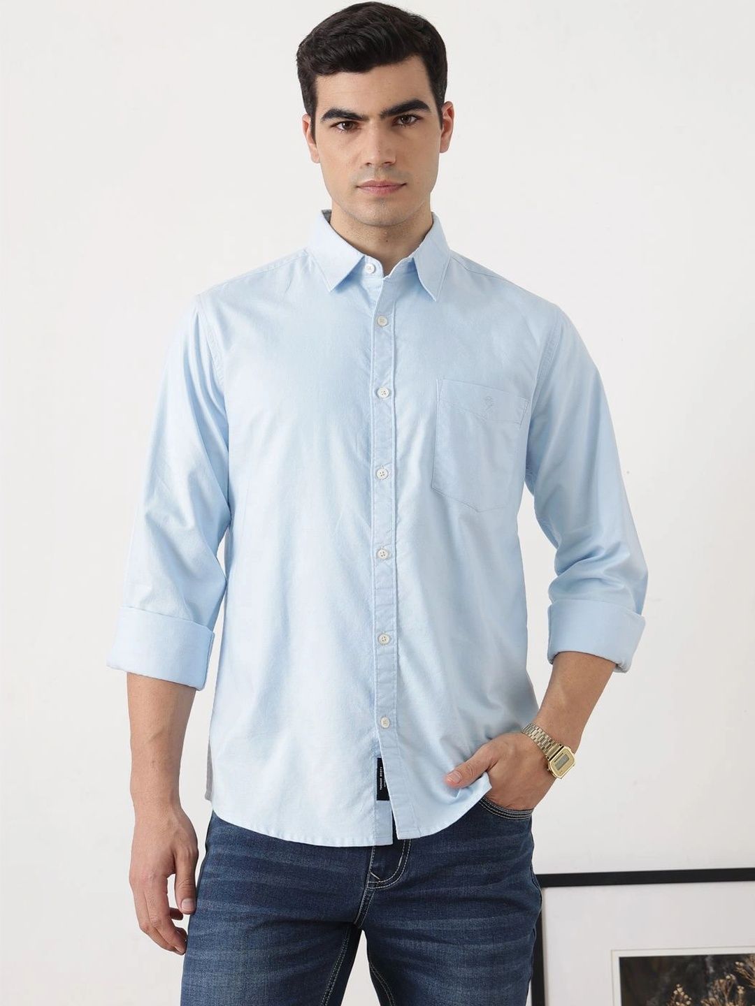 Sky Blue Premium Slim Fit Long Sleeves Spread Collar Solid Cotton Oxford Casual Shirt For Men