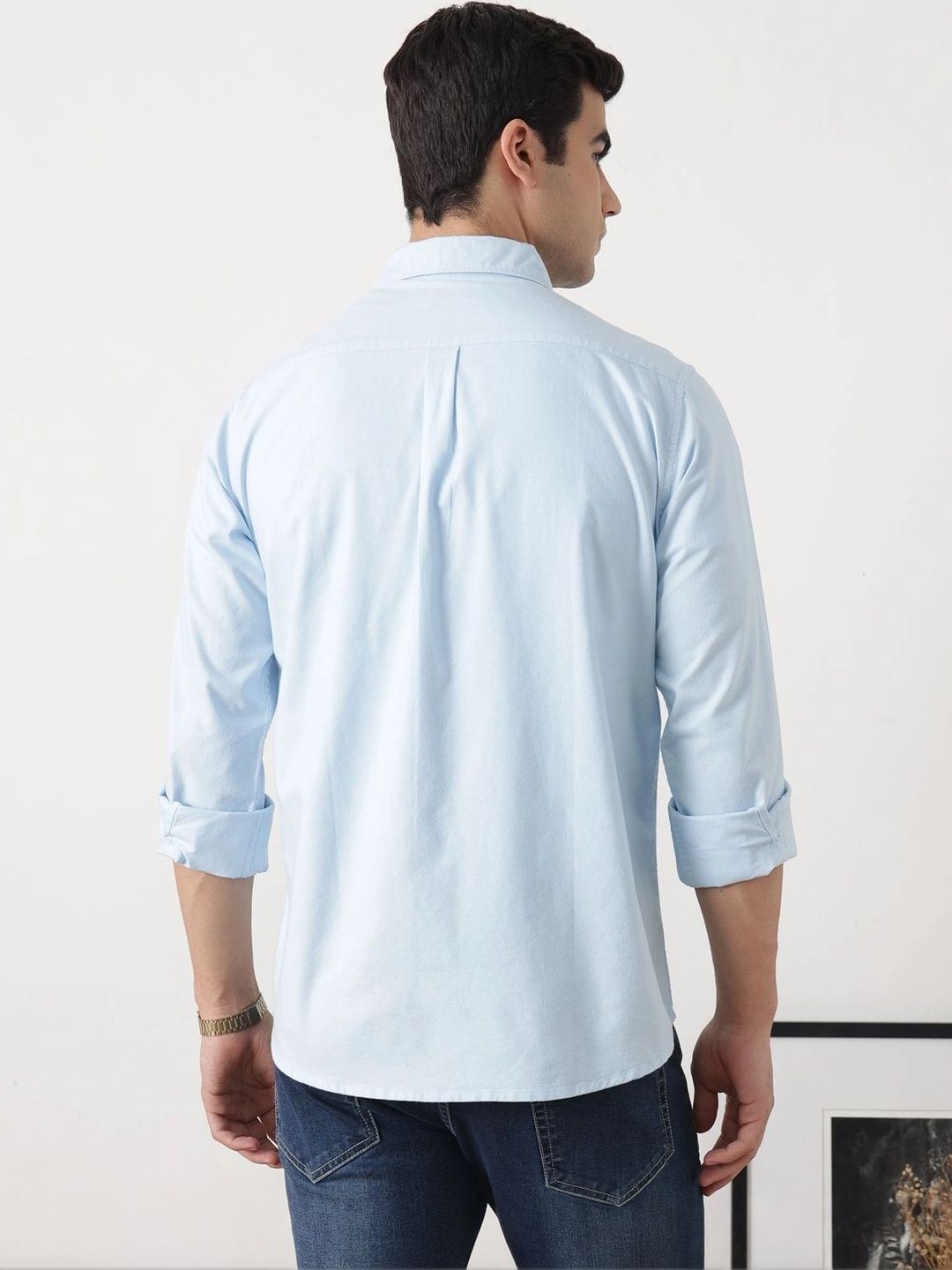Sky Blue Premium Slim Fit Long Sleeves Spread Collar Solid Cotton Oxford Casual Shirt For Men