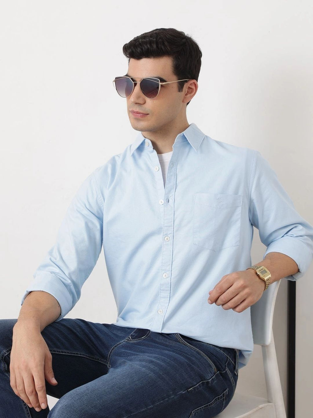 Sky Blue Premium Slim Fit Long Sleeves Spread Collar Solid Cotton Oxford Casual Shirt For Men