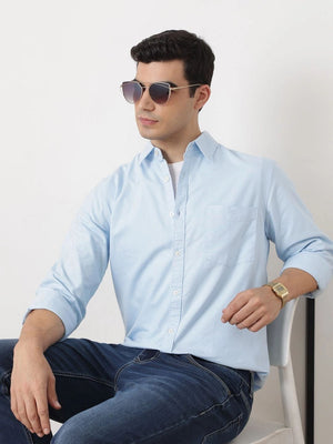 Sky Blue Premium Slim Fit Long Sleeves Spread Collar Solid Cotton Oxford Casual Shirt For Men
