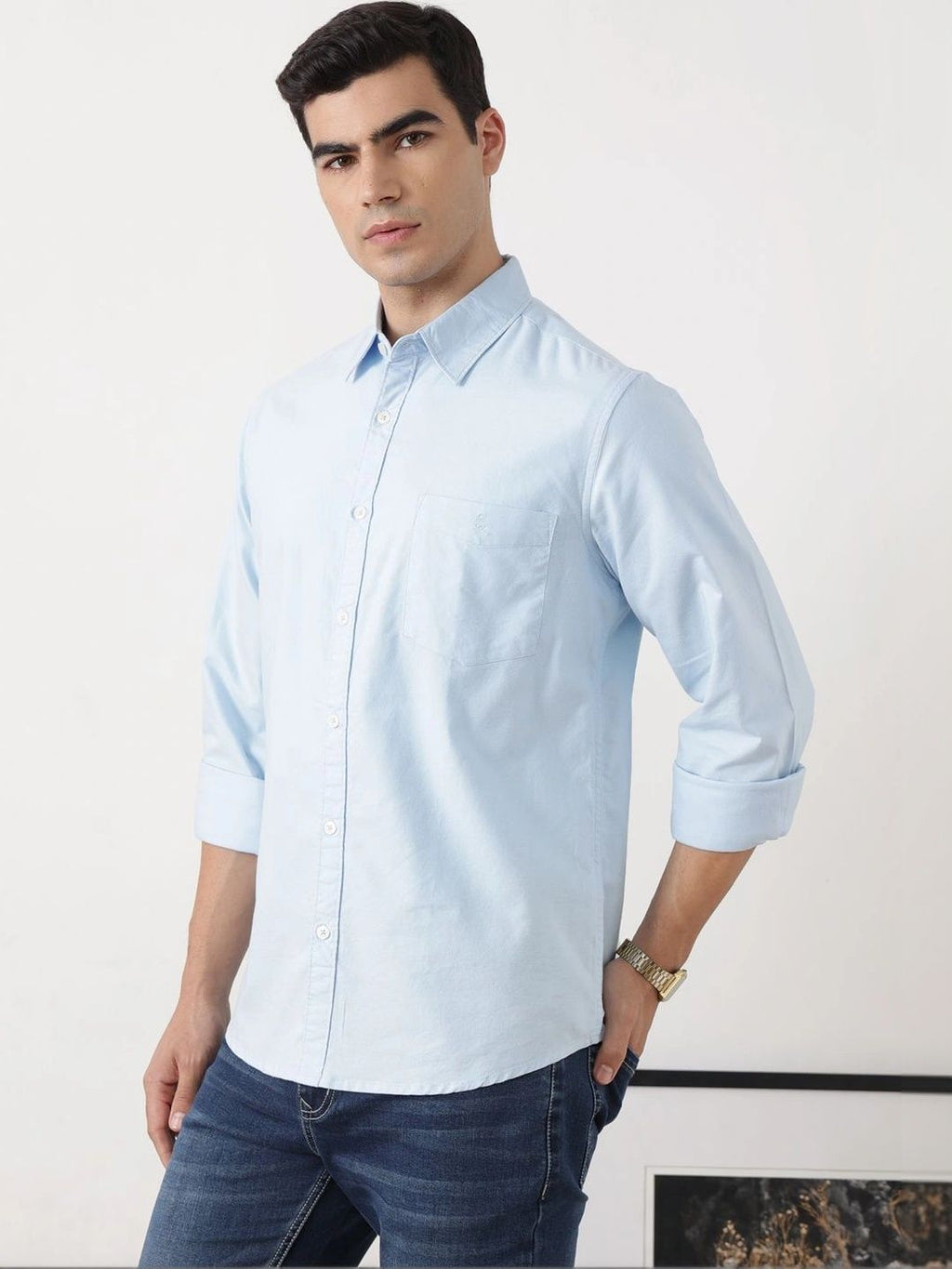 Sky Blue Premium Slim Fit Long Sleeves Spread Collar Solid Cotton Oxford Casual Shirt For Men