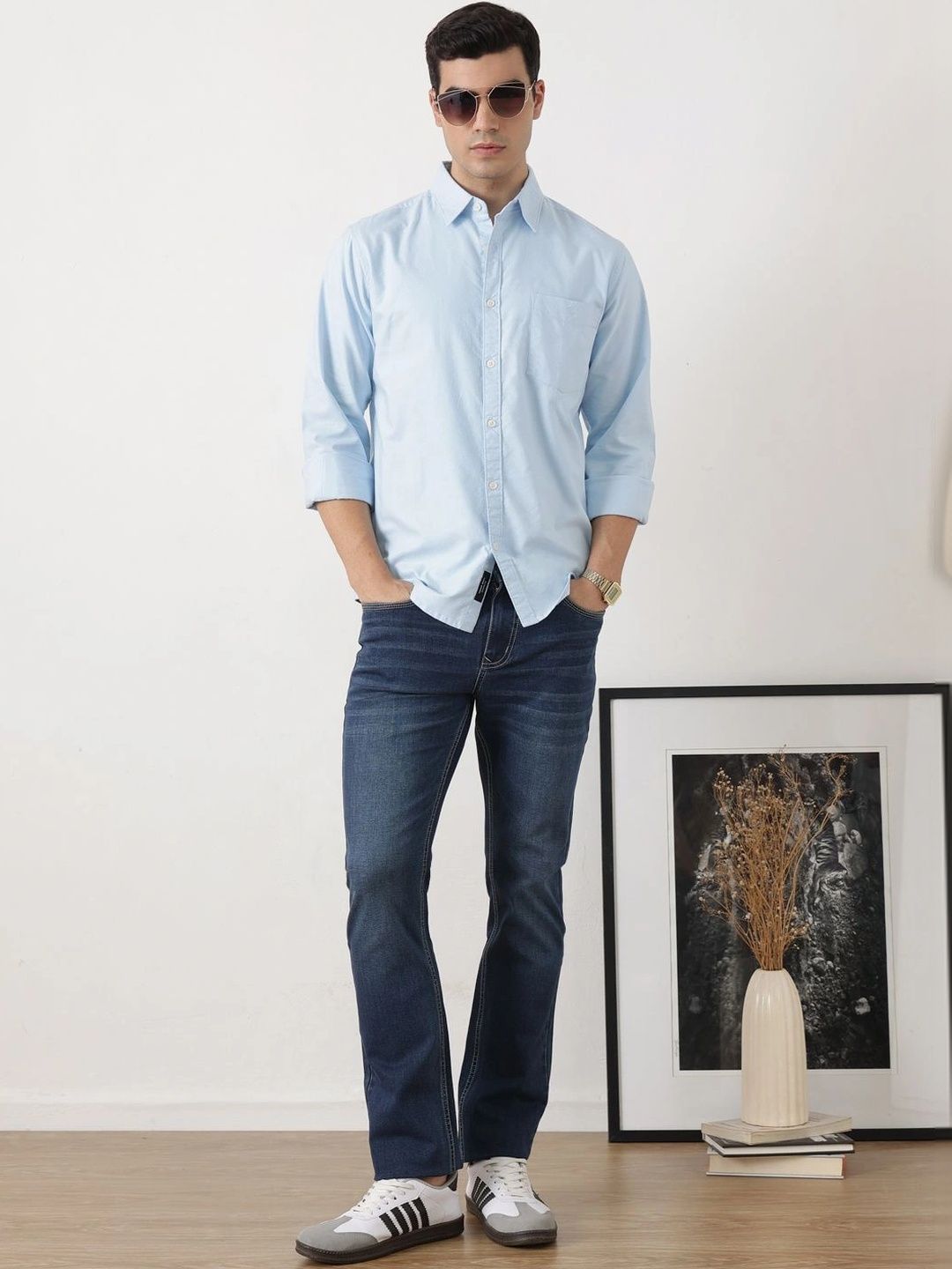 Sky Blue Premium Slim Fit Long Sleeves Spread Collar Solid Cotton Oxford Casual Shirt For Men