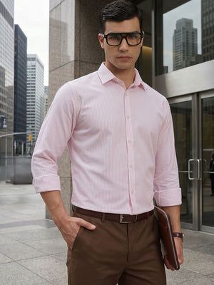 Thomas Scott Men Smart Pink Regular Fit Long Sleeves Semi Cutaway Collar Pinstripes Formal Shirt