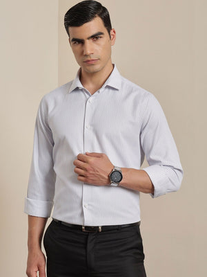 Thomas Scott Men Smart Grey Regular Fit Long Sleeves Semi Cutaway Collar Pinstripes Formal Shirt