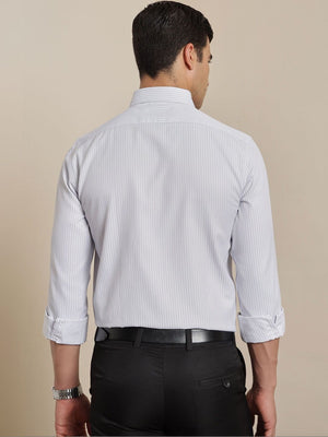 Thomas Scott Men Smart Grey Regular Fit Long Sleeves Semi Cutaway Collar Pinstripes Formal Shirt