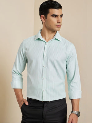 Thomas Scott Men Smart Green Regular Fit Long Sleeves Semi Cutaway Collar Pinstripes Formal Shirt